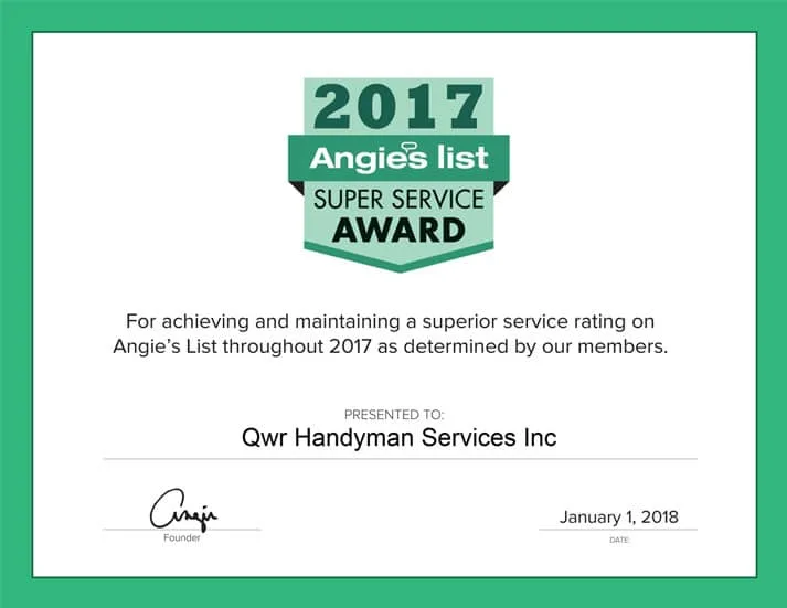 QWR Remodeling Super Service Award certificate