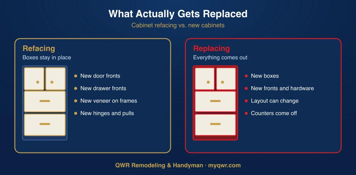 Diagram comparing cabinet refacing, which replaces doors, fronts, veneer and hardware, against full replacement of the boxes
