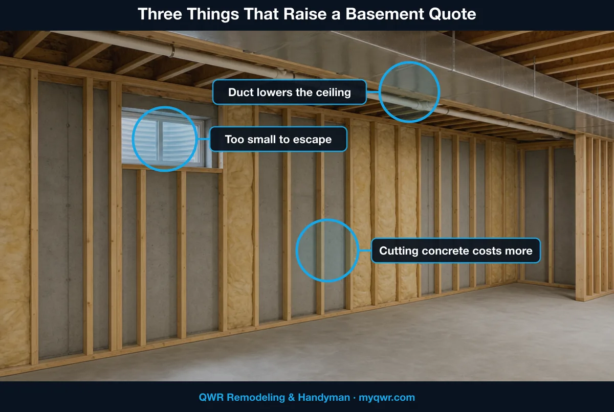 Unfinished basement with callouts on the duct that lowers the ceiling, a window too small to escape, and the concrete wall