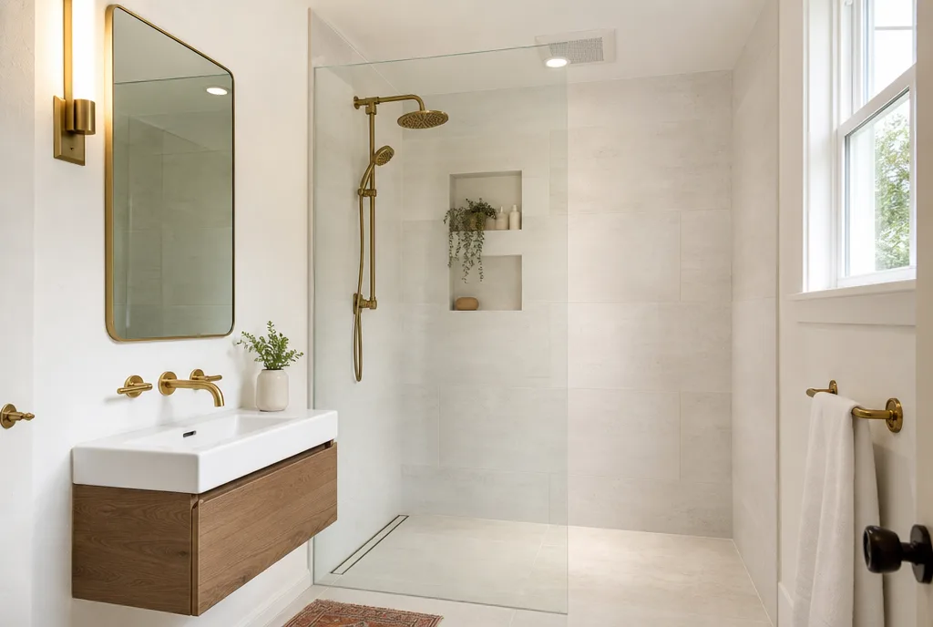 A compact small bathroom remodel with a space-saving curbless walk-in shower, light large-format tile, and a floating vanity