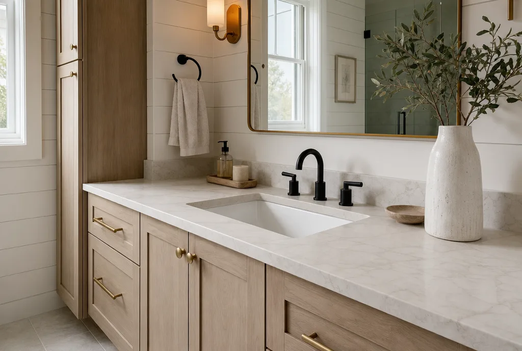 A warm modern farmhouse bathroom vanity with an oak cabinet, marble-look quartz counter, and matte black faucet