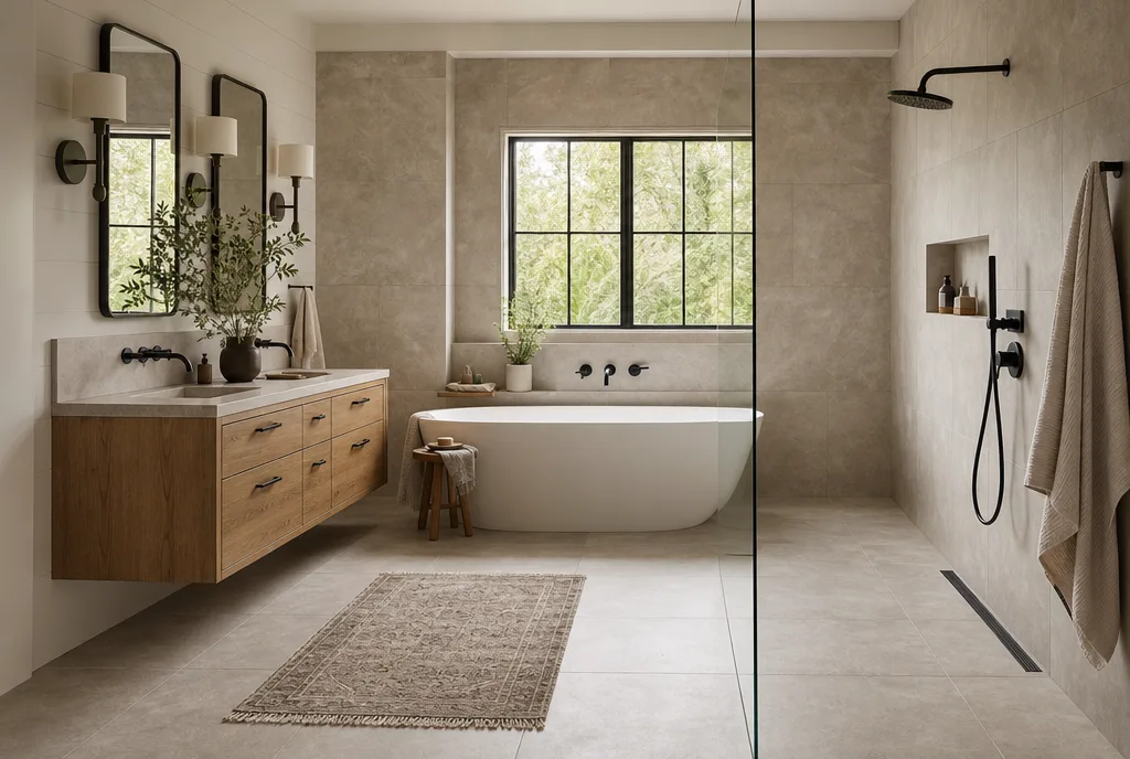 A 2026 wet room with a freestanding soaking tub and a curbless walk-in shower sharing one tiled, waterproofed space
