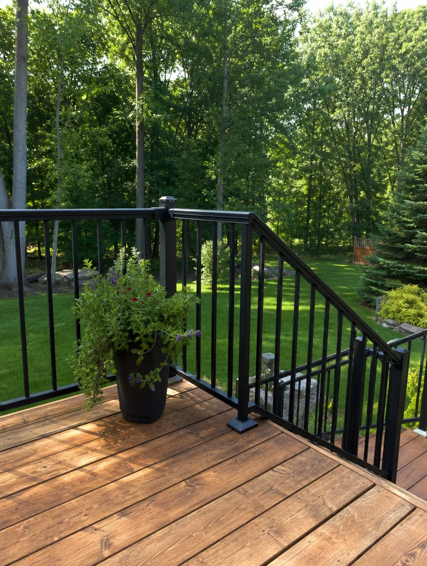 Close-up of a stained wood deck with black metal railings and stairs, the kind of finish that needs periodic resealing
